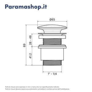 Piletta di scarico click-clack universale per lavabo e bidet con troppo pieno in ottone cromato e cover in ceramica bianca | Frera
