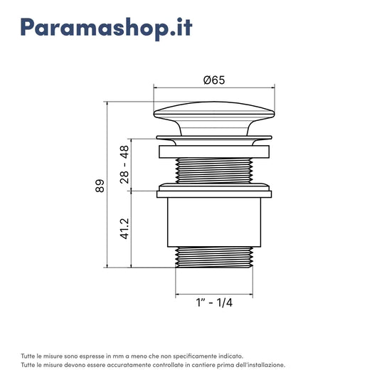 Piletta di scarico click-clack universale per lavabo e bidet con troppo pieno in ottone cromato e cover in ceramica bianca | Frera