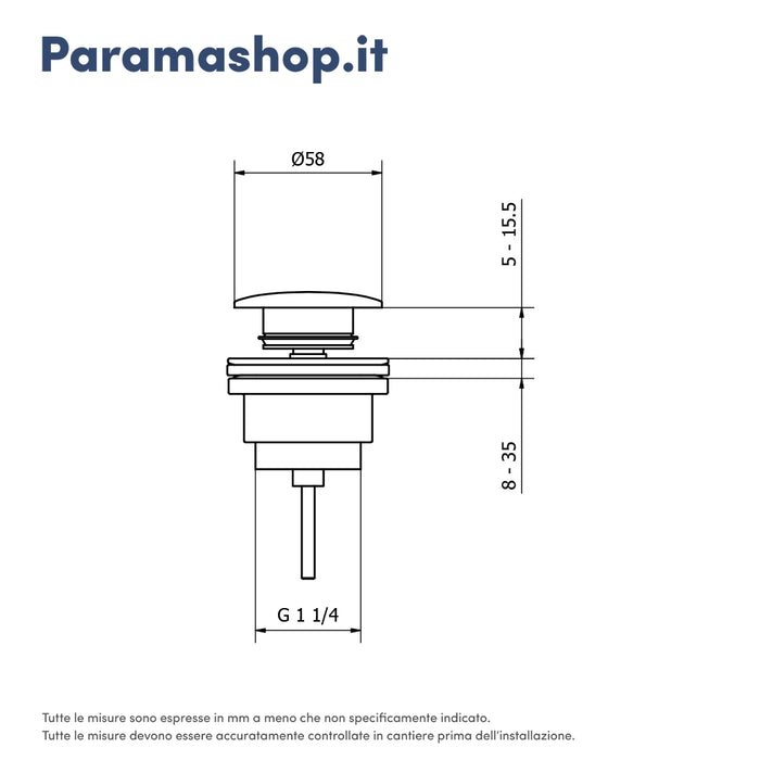 Piletta di scarico click-clack universale per lavabi e bidet nickel spazzolato con vite | Nurek