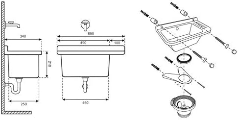 Lavatoio-Pilozzo da Parete, Resina PP, 60 x 34 cm, Grigio