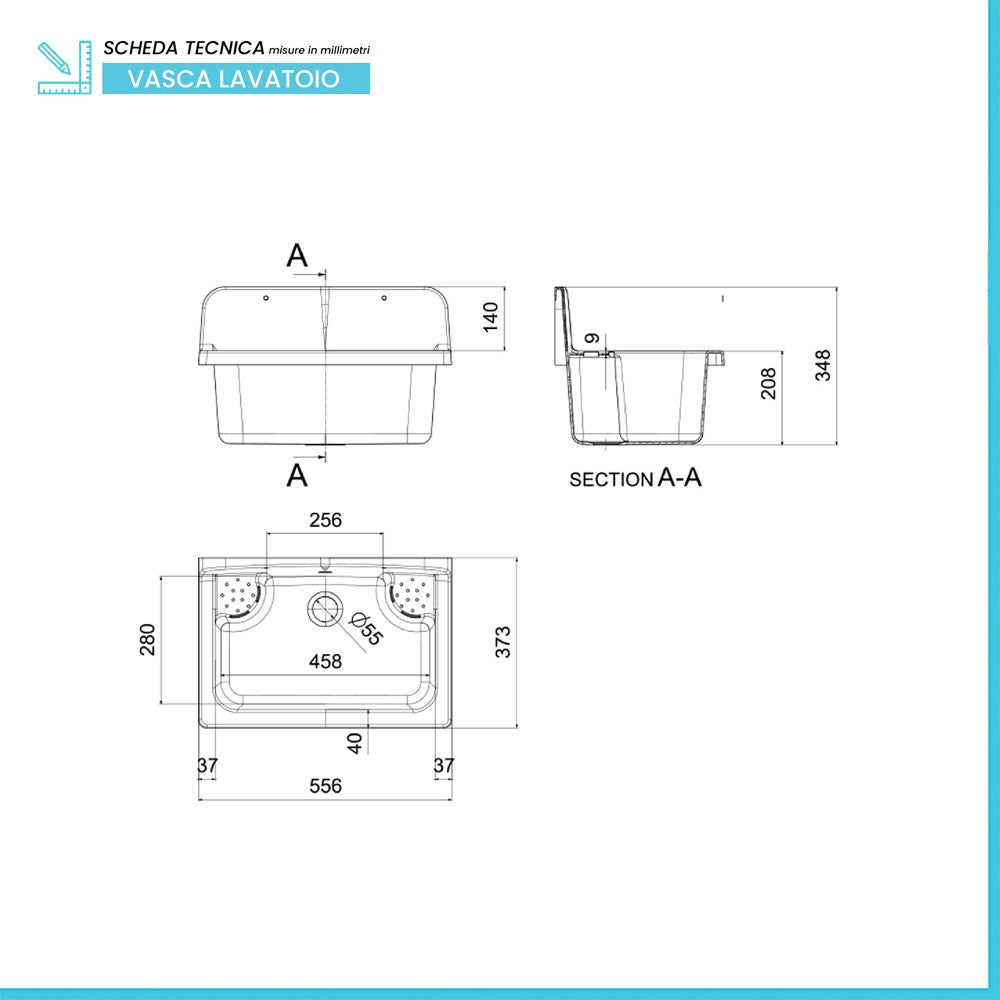 Pilozzo maxi a muro 56 cm in resina grigia con portasapone e kit di scarico