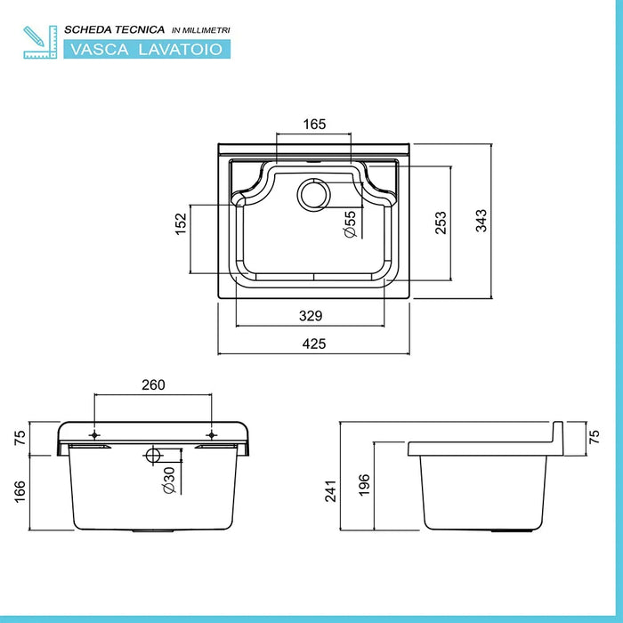 Pilozzo salvaspazio a muro 42x34 cm in plastica grigia scarico incluso