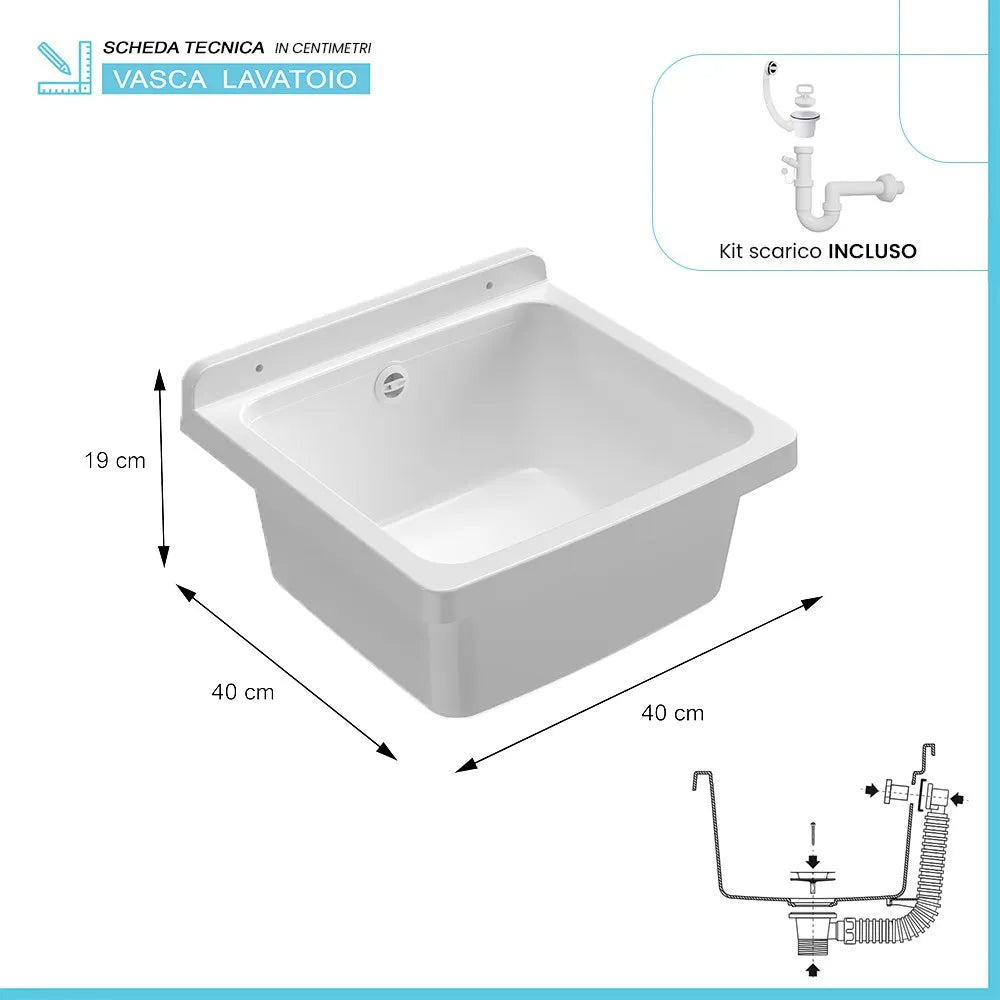 Pilozzo sospeso 40x40 cm in resina bianca con kit di scarico