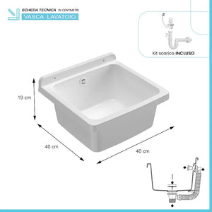 Pilozzo sospeso 40x40 cm in resina bianca con kit di scarico