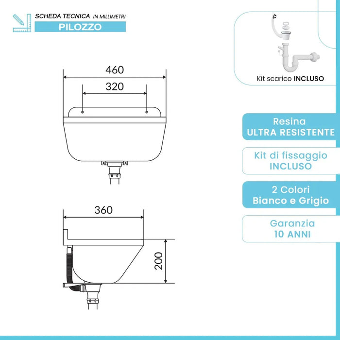Pilozzo sospeso 46x36 in resina bianco pietra con fissaggi e scarico