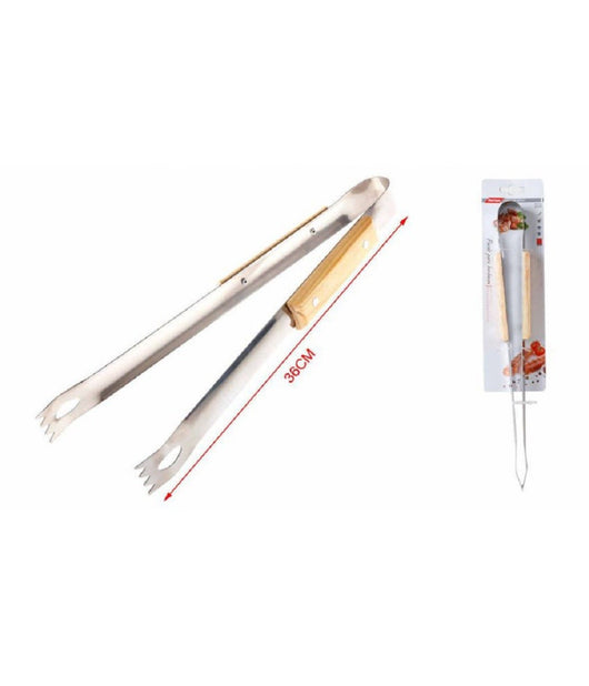 Pinza Per Barbecue Grigliate 36 Cm Carne Pesce Verdure In Legno Acciaio 2406329         