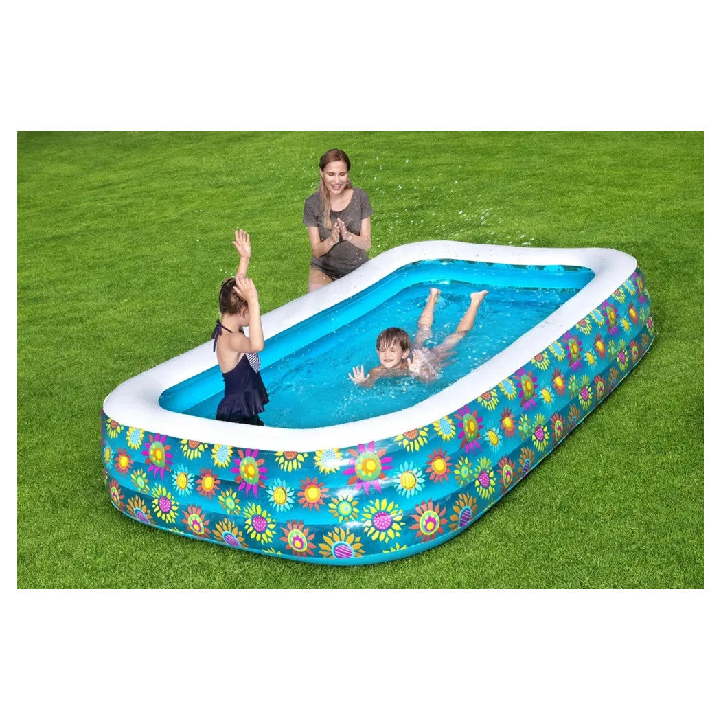 Trade Shop - Piscina Gonfiabile Family Rettangolare A 3 Anelli Decoro Fiori 305x183x56 Cm 54121 -