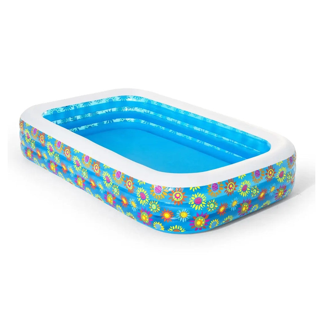 Trade Shop - Piscina Gonfiabile Family Rettangolare A 3 Anelli Decoro Fiori 305x183x56 Cm 54121 -
