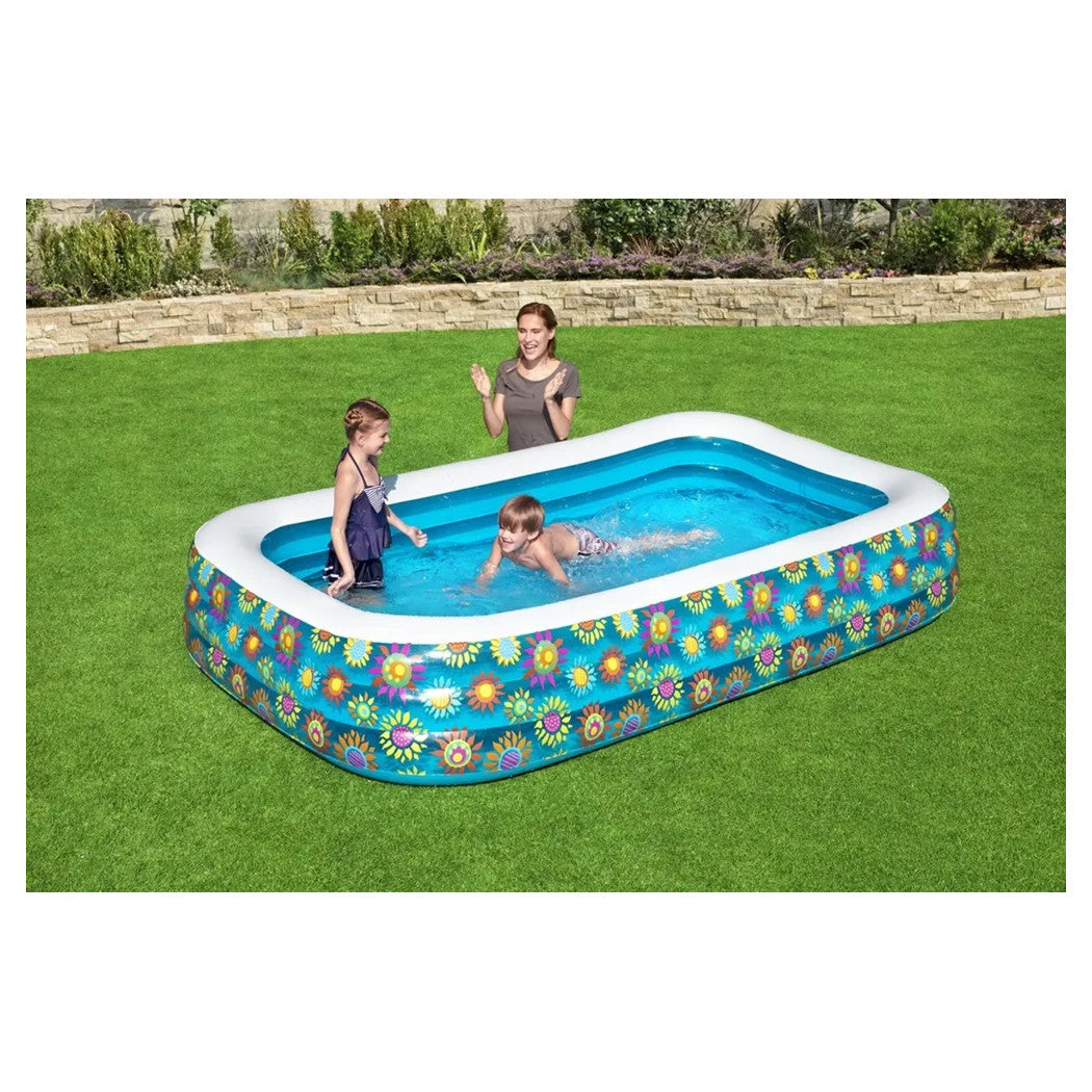 Trade Shop - Piscina Gonfiabile Family Rettangolare A 3 Anelli Decoro Fiori 305x183x56 Cm 54121 -