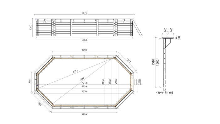 Piscina in legno  7,57x4,07 - H.1,31 m fissate su calcestruzzo esistente - BAS745OSPL+SZA - ALTANKA