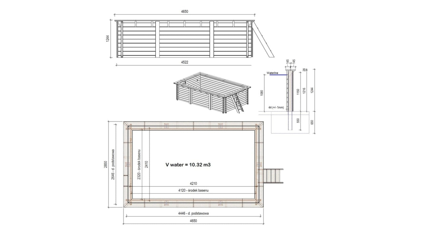 Piscina in legno Aqua 4.65x2.85 - H.1.24 m fissate su calcestruzzo esistente - BAS7306OSPL - ALTANKA