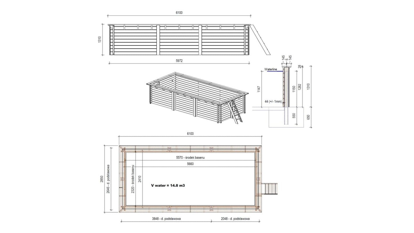 Piscina in legno Aqua 6.1x2.85 - H.1.31 m fissate su calcestruzzo esistente - BAS7307OSPL - ALTANKA