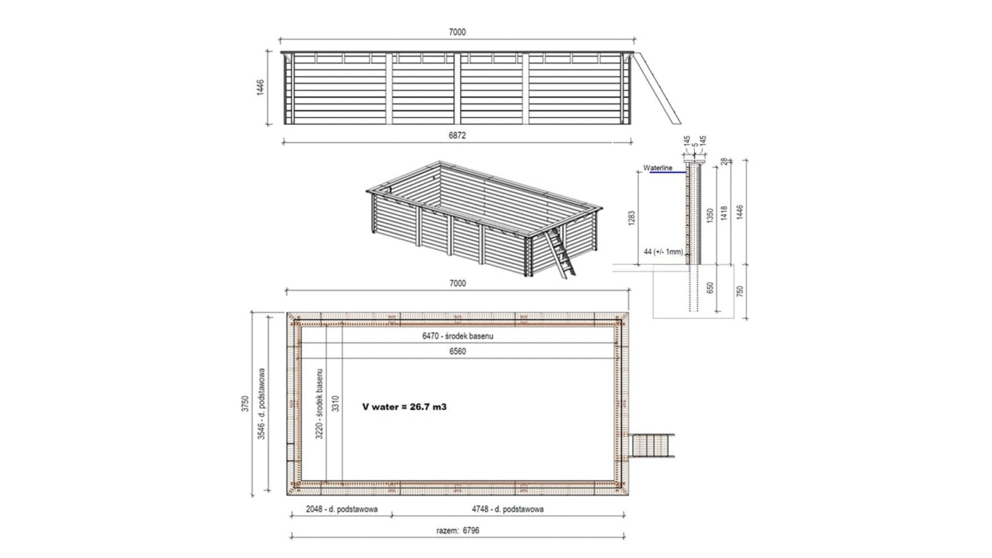 Piscina in legno Aqua 7x3.75 - H.1.45 m con profilo da cementare - BAS7308OSPI+SZA - ALTANKA