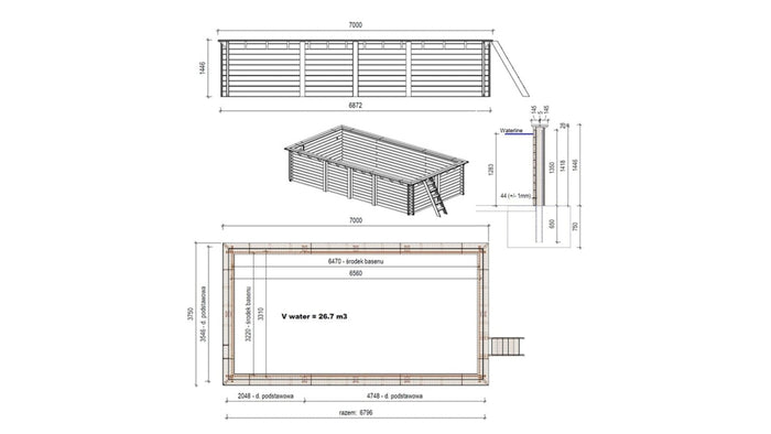 Piscina in legno Aqua 7x3.75 - H.1.45 m con profilo da cementare - BAS7308OSPI+SZA - ALTANKA