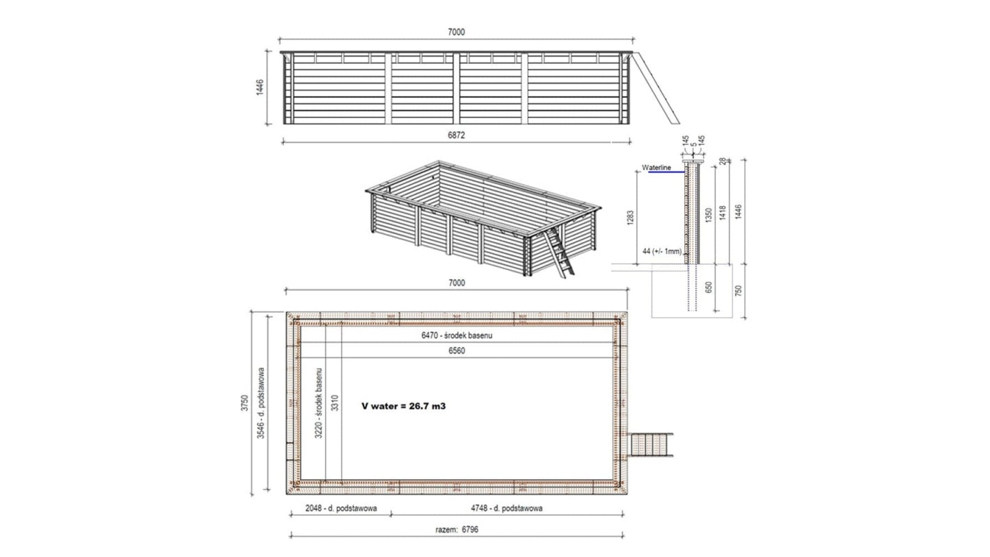 Piscina in legno Aqua 7x3.75 - H.1.45 m fissate su calcestruzzo esistente - BAS7308OSPL - ALTANKA