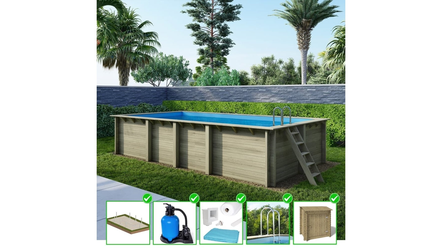 Piscina in legno Aqua 7x3.75 - H.1.45 m su telaio senza cementazione - BAS7308OSPU+SZA - ALTANKA