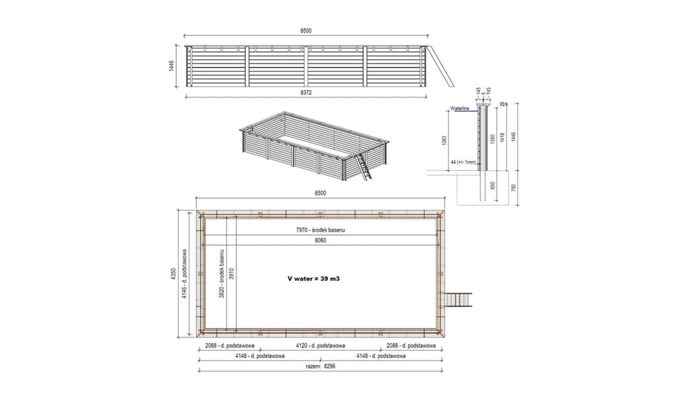 Piscina in legno Aqua 8.5x4.35 - H.1.45 m con profilo da cementare - BAS7309OSPI+SZA - ALTANKA
