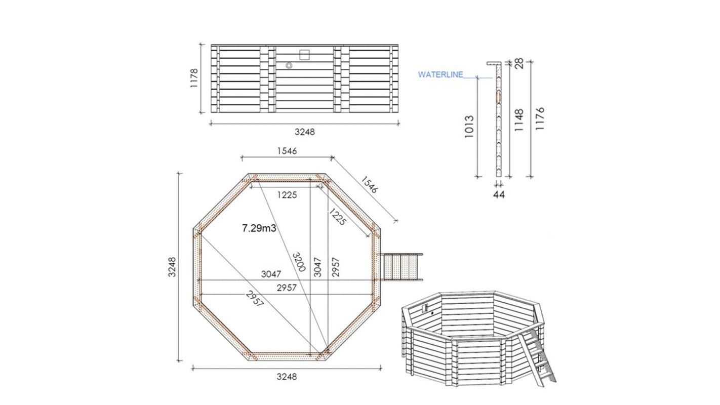Piscina in legno Coral 3.25x3.25 - H.1.18 m autoportante - BAS7301OSP - ALTANKA