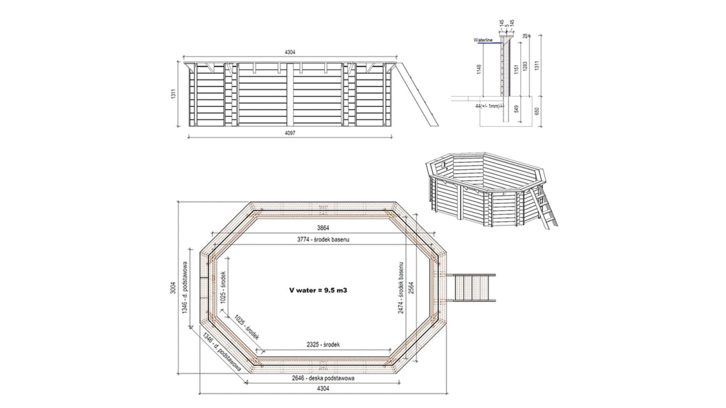 Piscina in legno Nemo 4.3x3.00 - H.1.31 m su telaio senza cementazione - BAS7303OSPU - ALTANKA