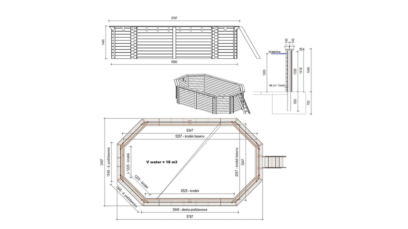 Piscina in legno Nemo 5.79x3.49 - H.1.45 m fissate su calcestruzzo esistente - BAS7304OSPL - ALTANKA