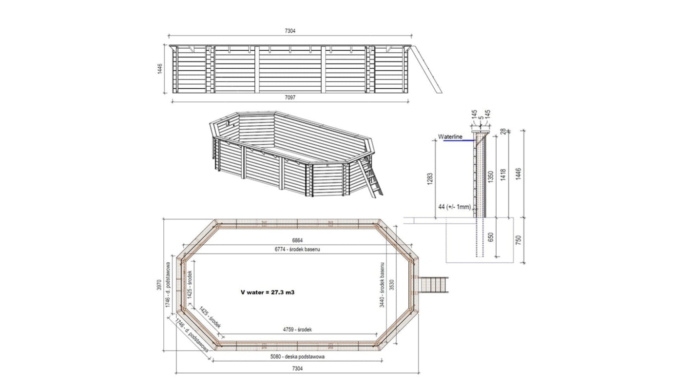 Piscina in legno Nemo 7.3x3.97 - H.1.45 m fissate su calcestruzzo esistente - BAS7305OSPL - ALTANKA