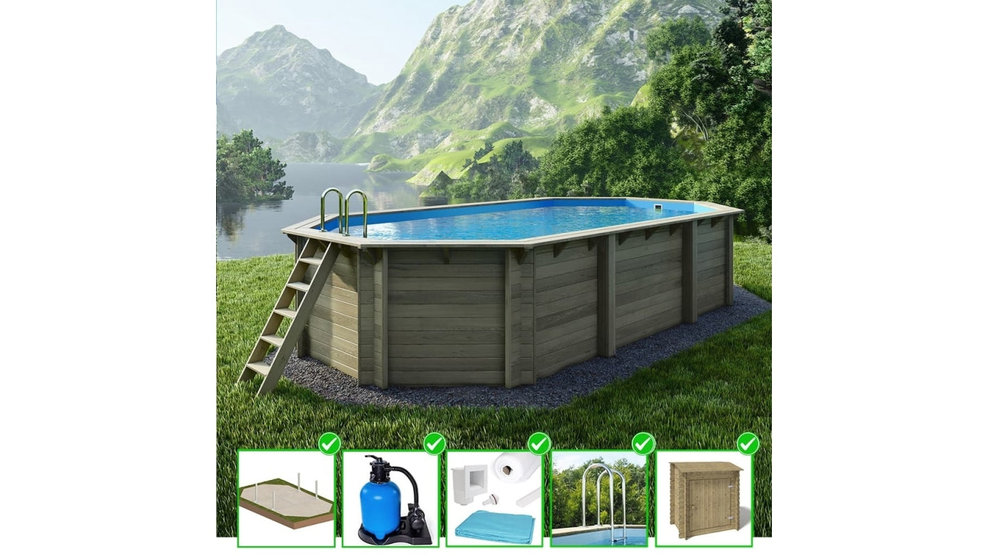 Piscina in legno Nemo 7.3x3.97 - H.1.45 m su telaio senza cementazione - BAS7305OSPU+SZA - ALTANKA