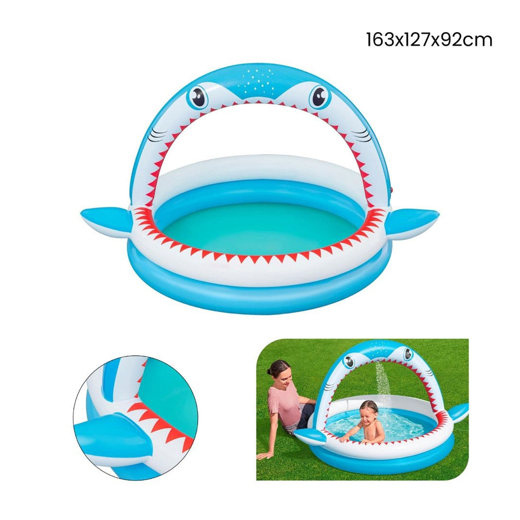 Trade Shop - Piscina Per Bambini Sharktastic 2 Anelli Grafica A Squalo 163x127x92cm Con Spruzzo 53157 -