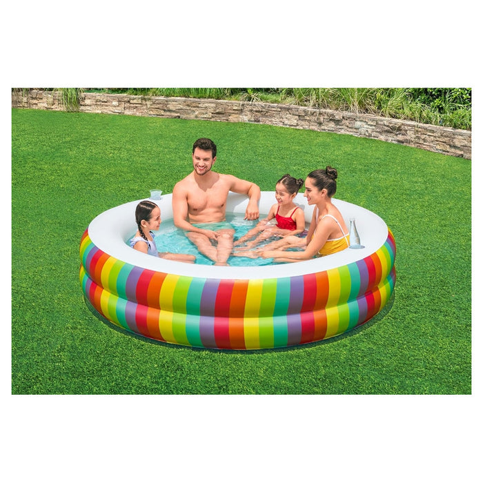 Trade Shop - Piscina Tonda Gonfiabile Family Stampa Arcobaleno 206x206x51cm Con 2 Portabicchieri 54443 -