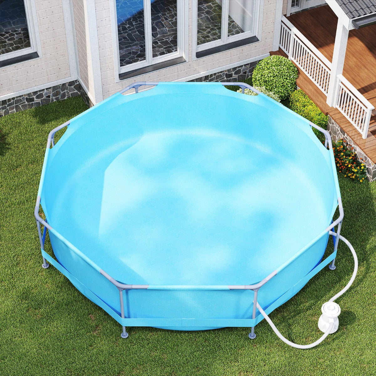 Piscina fuori terra rotonda con struttura metallica e pompa filtro, Piscina da giardino per adulti capacit¨¤ 4383L 3 M x 76 CM Blu-Nuotare