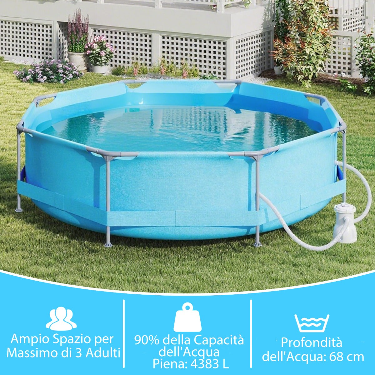 Piscina fuori terra rotonda con struttura metallica e pompa filtro, Piscina da giardino per adulti capacit¨¤ 4383L 3 M x 76 CM Blu-Nuotare