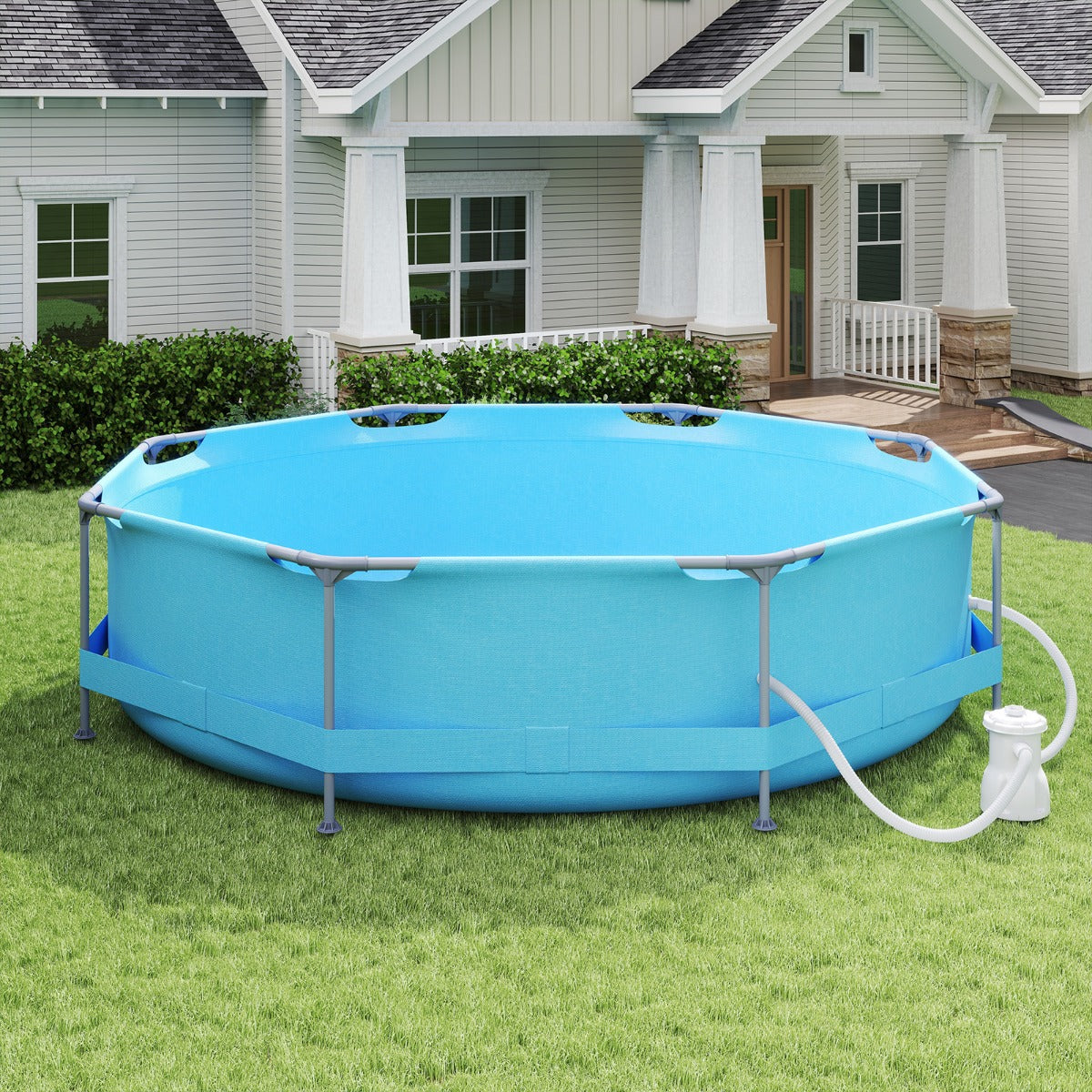 Piscina fuori terra rotonda con struttura metallica e pompa filtro, Piscina da giardino per adulti capacit¨¤ 4383L 3 M x 76 CM Blu-Nuotare