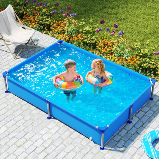 Piscina rettangolare da esterno per bambini dai 3 anni in su con struttura netallica, Piscina fuori terra pareti in PVC robusto Blu-Nuotare