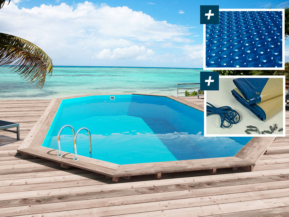 Piscina in legno " San Paolo " - 6,57 x 4,07 x 1,20 m - Copertura a bolle d'aria da 180 µ - Copertura invernale da 280 g/m² -