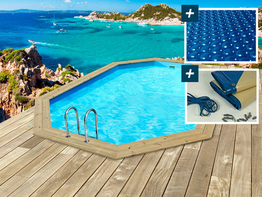 Piscina in legno " Baléares " - 6,50 x 4,40 x 1,31 m - Copertura a bolle 180 µ + Copertura invernale 280 g/m².