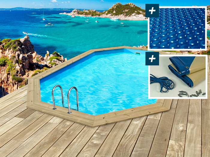 Piscina in legno " Cancun " - 6,53 x 4,41 x 1,45 m + Copertura a bolle 180 µ - Copertura invernale 280 g/m².