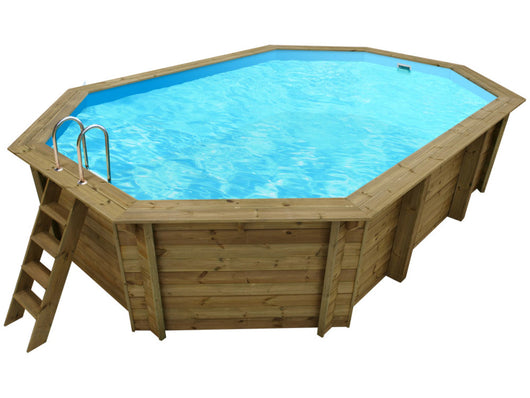 Piscina in legno " Baléares " - 6,50 x 4,40 x 1,31 m - Copertura a bolle 180 µ + Copertura invernale 280 g/m².