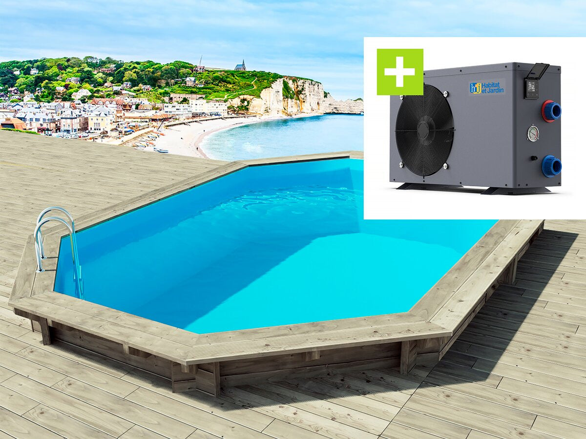 Piscina in legno " Brazilia 144 " 5,86 x 3,86 x 1,44 m + Pompa di calore - Potenza 6,1 kW