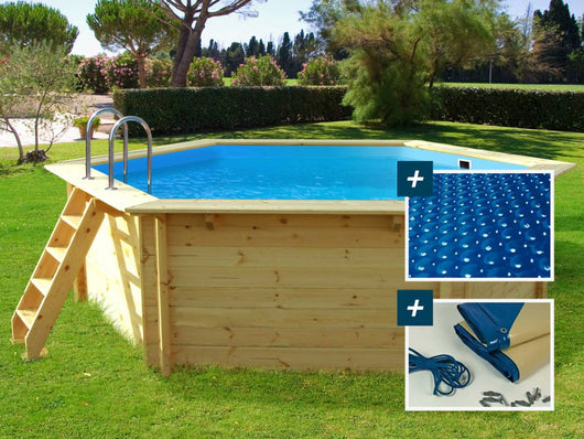 Piscina in legno "Hawai" - 4,10 x 1,20 m + Copertura a bolle 180 + Copertura invernale 280 gr/m².