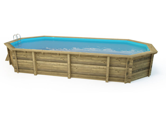 Piscina in legno "Palma" - 7,57 x 4,07 x 1,31 m + copertura a bolle d'aria da 180 µ + copertura invernale da 280 gr/m².