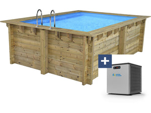 Piscina rettangolare in legno "Caimans" - 4,10 x 3,00 x 1,24 m + Mini pompa di calore 3,5kW - Metallo - Grigia