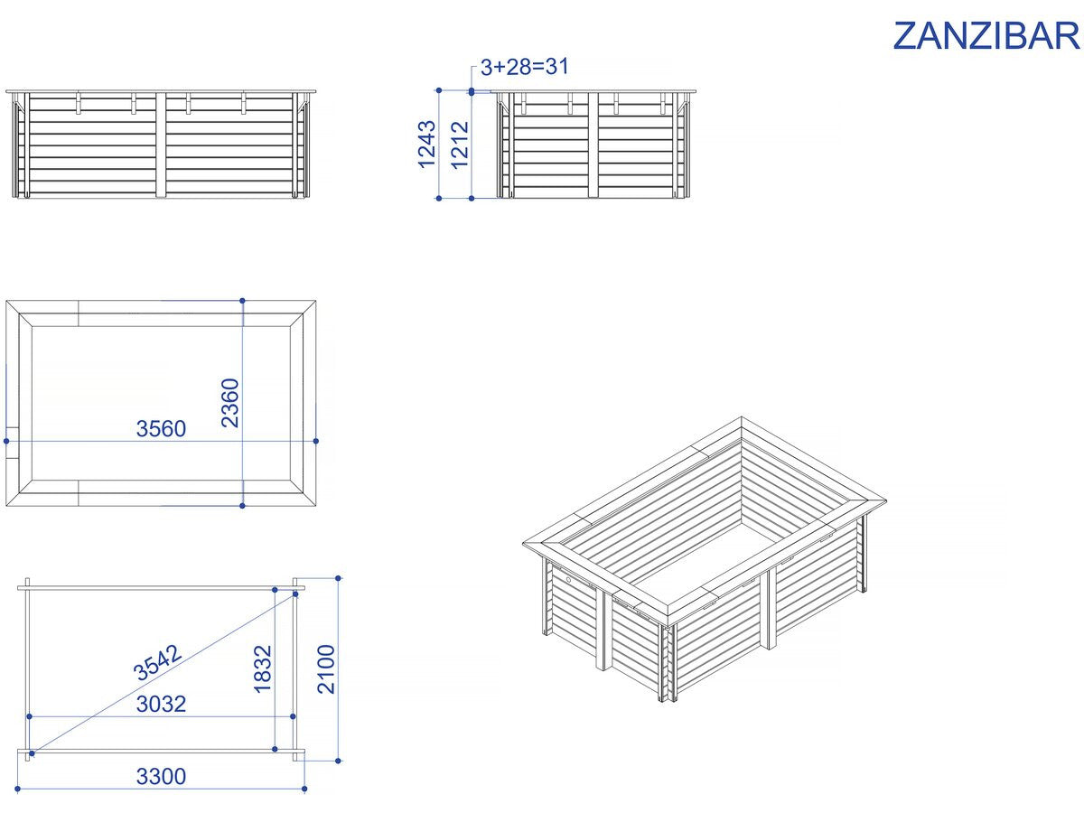 Piscina rettangolare in legno "Zanzibar" - 3,50 x 2,30 x 1,24 m + mini pompa di calore da 3,5 kW