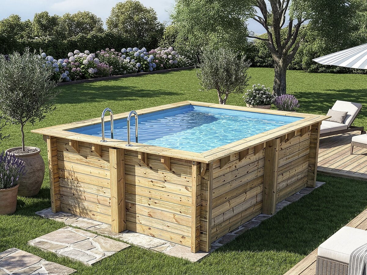 Piscina rettangolare in legno "Zanzibar" - 3,50 x 2,30 x 1,24 m + mini pompa di calore da 3,5 kW