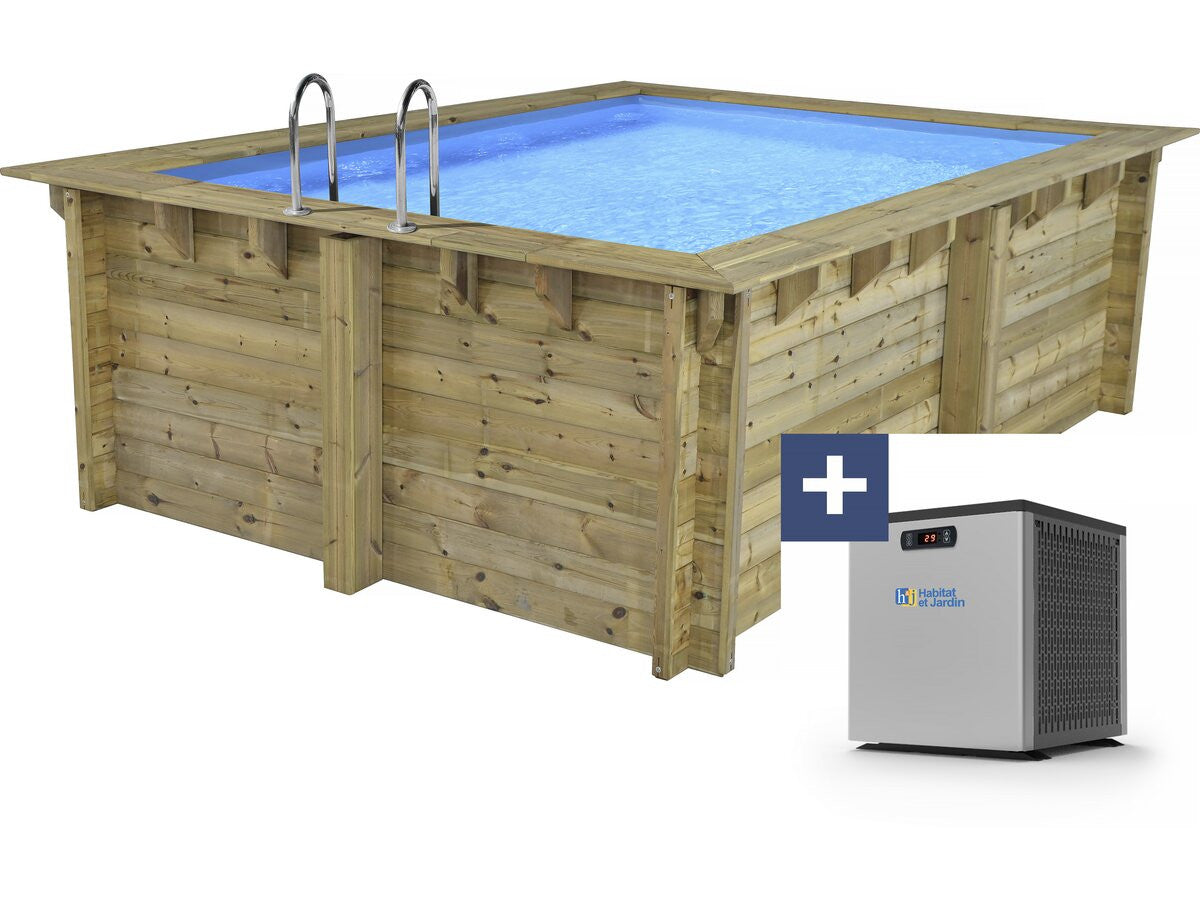 Piscina rettangolare in legno "Zanzibar" - 3,50 x 2,30 x 1,24 m + mini pompa di calore da 3,5 kW