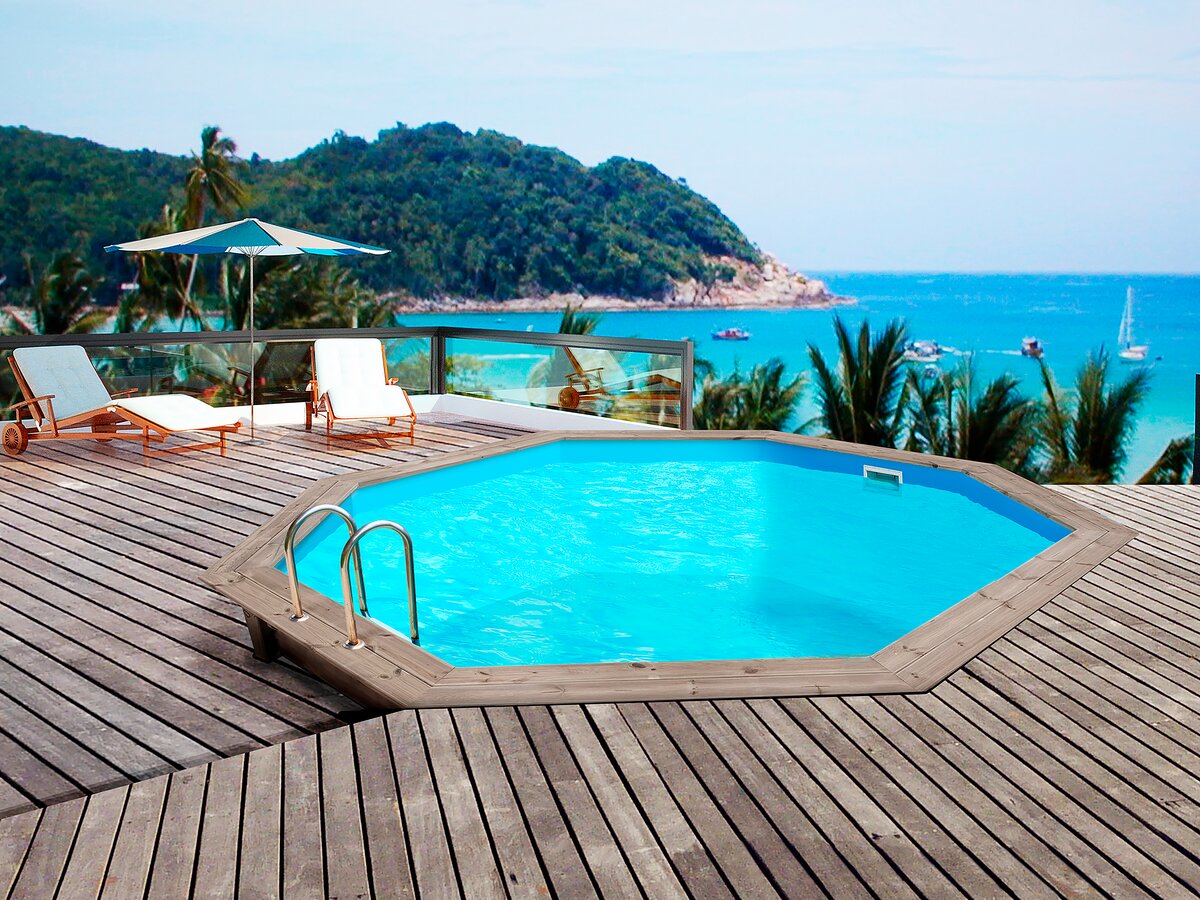 Piscina in legno "Venecia" - 5,80 x 1,31 m + Pompa di calore reversibile "Simplicity by Hayward" ON/OFF - 5 kW - Bianco