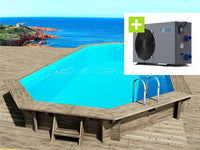 Piscina in legno "Cancun" - 6,53 x 4,41 x 1,45 m + pompa di calore reversibile ON/OFF "Simplicity by Hayward" - 5 kW - Bianco