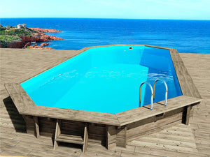 Piscina in legno "Cancun" - 6,53 x 4,41 x 1,45 m + pompa di calore reversibile ON/OFF "Simplicity by Hayward" - 5 kW - Bianco