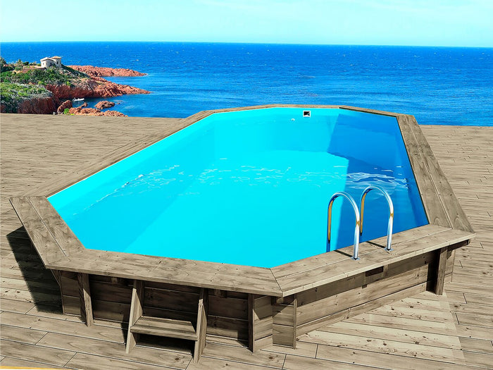 Piscina in legno "Cancun" - 6,53 x 4,41 x 1,45 m + pompa di calore reversibile ON/OFF "Simplicity by Hayward" - 5 kW - Bianco