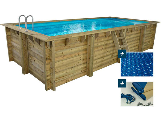 Piscina rettangolare in legno "Tobago" - 6,20 x 3,00 x 1,31 m + copertura a bolle 180 µ - copertura invernale 280 g/m²