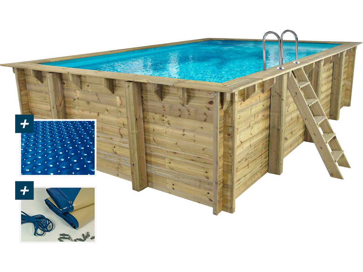 Piscina rettangolare in legno "Panama" - 6,20 x 4,10 x 1,45 m + Copertura a bolle 180 µ - Copertura invernale 280 g/m² +
