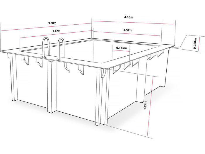 Piscina rettangolare in legno "Caimans" - 4,10 x 3,00 x 1,24 m + Mini pompa di calore 3,5kW - Metallo - Grigia